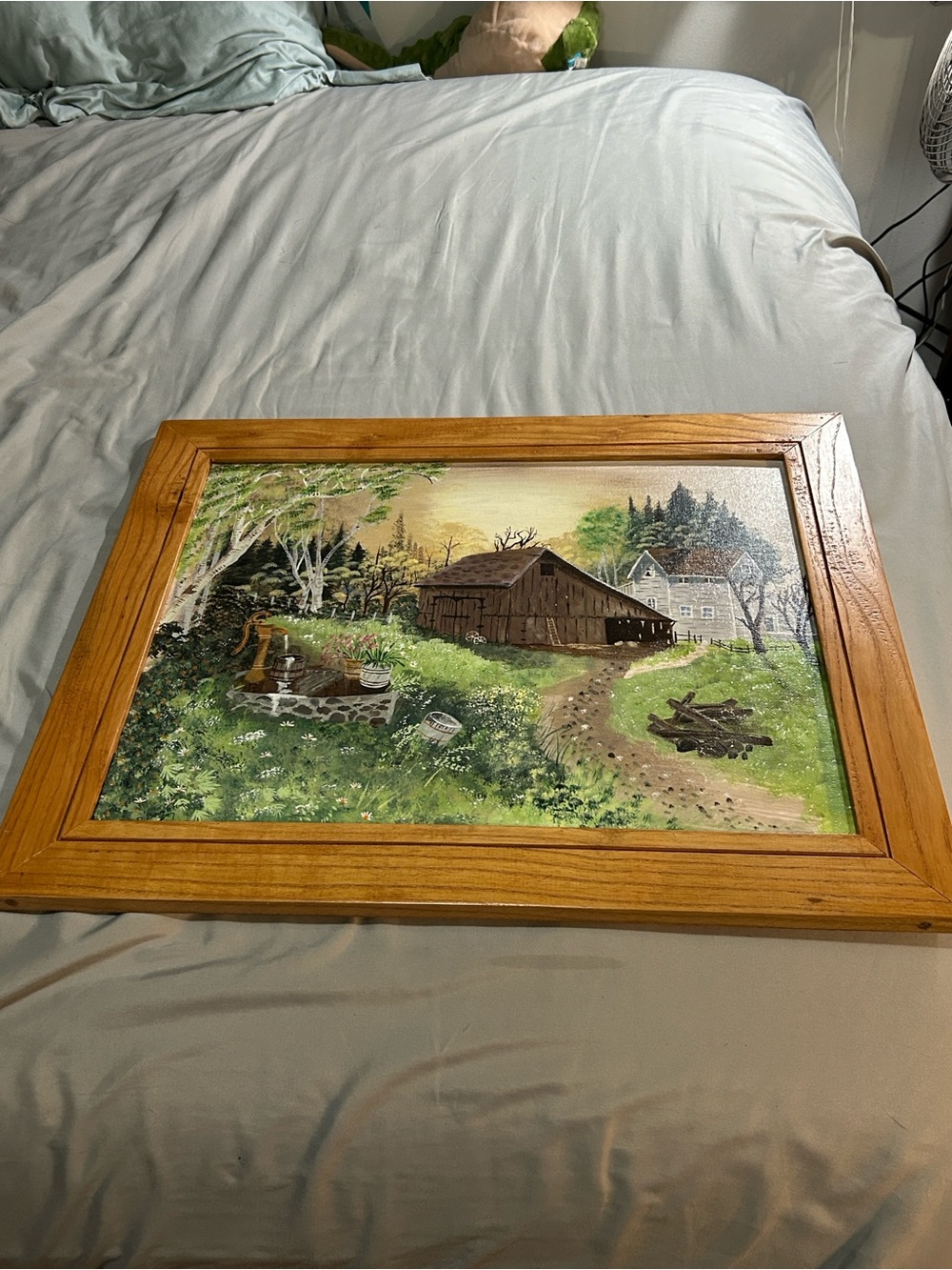 Original/Vintage Folk Art Farm Painting - Acrylic/Canvas
in Solid Oak Frame 🌾 - Picture 8 of 13
